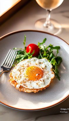 an egg is sitting on top of bread with greens and tomatoes next to a glass of wine