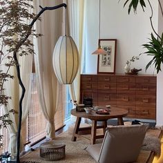 a living room filled with furniture next to a tall plant in a vase on top of a table