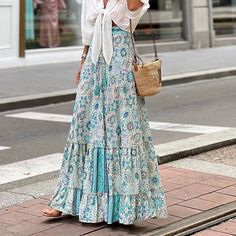 Season:Summer,Spring; Fabric:Polyester; Dress Length:Maxi; Gender:Women's; Style:Boho,Fashion,Casual; Occasion:Weekend,Going out,Daily,Holiday,Vacation; Fit Type:Regular Fit; Waistline:High Waist; Pattern:Geometric,Floral; Design:Print,Ruffle; Pants Type:Long Skirt,Swing,A Line,Skirt,Bohemia; Front page:FF; Listing Date:01/05/2024; Production mode:External procurement; Length:; Waist: Chic Holiday Party, Fitted Maxi Skirt, Floor Length Maxi Skirt, Long Skirt Casual, Floral Print Maxi Skirt, Ruffle Maxi Skirt, Nature Dress, Mesh Maxi Dress, Printed Maxi Skirts