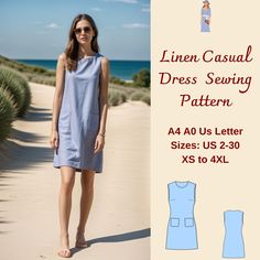 a woman standing on the beach wearing a dress sewing pattern with an image of her