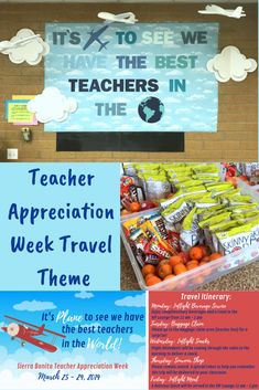 the teacher appreciation week travel theme is displayed in front of a bulletin board with information