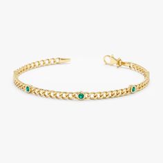 Salma Add a pop of captivating color to your wrist with our Natural Emerald Cuban Chain Station Bracelet. Crafted in 14k gold, this bracelet features a bold Cuban chain adorned with a playful mix of emeralds in dazzling green hues. This unique piece adds a touch of vibrant energy to both everyday and special occasion wear. - Handmade- Solid Gold- Natural Emerald- Total Emerald Carat Weight: 0.62 ctw - Dimensions of Setting: 3.5 mm All pieces come beautifully boxed in suede pouches you can always Emerald Gold Bracelet, Memory Ring, Station Bracelet, Solid Gold Bracelet, Emerald Bracelet, Gold Armband, Green Hues, Vibrant Energy, Initial Jewelry