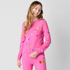 Part of the JCPenney x HARIBO limited-time collection, this juniors sweater has a fitted silhouette and embellished with colorful gummy bears along the front. Crafted from soft pink knit and features a crew neckline, long sleeves, ribbed trims, and an embroidered logo at the front hem. Pair it with the collections pull-on fleece pants for a complete look.Features: Easy To Remove, EmbroideredClosure Type: Pullover HeadFit: FittedNeckline: Crew NeckSleeve Length: Long SleeveSleeve Style: Fitted Sl Pink Sporty Sweater For Spring, Sporty Pink Sweater For Spring, Playful Pink Crew Neck Sweater, Playful Spring Sweatshirt For Loungewear, Playful Spring Loungewear Sweatshirt, Playful Long Sleeve Sweater With Relaxed Fit, Playful Winter Tops With Ribbed Cuffs, Playful Relaxed Fit Winter Tops, Playful Relaxed Fit Tops For Winter