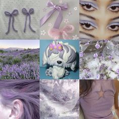 a collage of photos with purple hair and lavender flowers in the foreground, an image of a woman's face