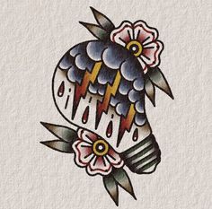 an owl with flowers and lightning on it's head