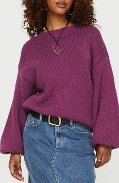 Dropped shoulders and balloon sleeves play up the casual ease of a cozy cotton-blend sweater that's sure to be a weekend favorite. Crewneck Long sleeves Ribbed cuffs and hem 60% cotton, 40% acrylic Hand wash, dry flat Imported Balloon Sleeve Sweater, Purple Fits, Friday Outfit, Dream Closets, Purple Outfits, Sweater Oversized, Sweater Oversize, Fall Clothes, Burgundy Sweater