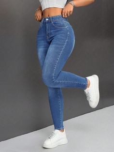 Casual Slim Fit Skinny Jeans, Water Washed Medium Wash Casual   Denim  Skinny High Stretch  Women Clothing, size features are:Bust: ,Length: ,Sleeve Length: Casual Denim Jeans, Jeans Casual, Women Denim Jeans, Inspiration Mode, Kids Sleepwear, Casual Denim, Jeans Slim, Slim Fit Jeans, Denim Wash