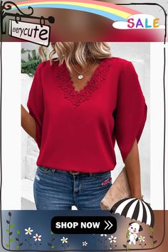 Red Solid Lace V Neck Bell Sleeve Blouse Bell Sleeve Blouse, Women Tops, Bell Sleeve, Bell Sleeves, Sleeve Blouse, Blouses, V Neck, Lace, Red