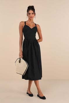 With sandals, shades, and a scoop of gelato, summer is always sweeter in the Lulus Strolling Sicily Black Pleated Backless Midi Dress With Pockets! Lightweight woven poplin shapes this vacay-ready dress that has elasticized straps that crisscross the open back and secure with a tie, supporting a seamed bodice with a sweetheart neckline. Fitted waist tops a full, pleated skirt (with side seam pockets) that finishes at a midi hem. Elastic at back for fit. Fit: This garment fits true to size. Length: Mid-calf length. Size medium measures 51" from shoulder to hem. Bust: Great for any cup size. Waist: Fitted - elastic waist allows stretch. Hip: Not Fitted - fuller skirt allows room for hips. Undergarments: May be worn with an adhesive bra, petals, or no bra. Fabric: Fabric has no stretch. Lined Knot Tie Dress, Midi Dress With Pockets, Backless Midi Dress, Adhesive Bra, Sleeveless Midi Dress, Midi Dress Casual, Cotton Midi Dress, Black Dresses Casual, Midi Dress Sleeveless