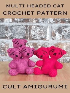 two crocheted teddy bears sitting next to each other on a table with the caption, multi headed cat crochet pattern