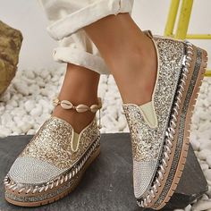 Category:Slip-Ons,Sneakers,Canvas Shoes; Upper Materials:Sparkling Glitter; Embellishment:Embroidery,Crystal,Sequin,Sparkling Glitter; Season:Summer,Fall; Heel Type:Flat Heel; Gender:Women's; Size Suggestion:select one size larger than usual; Activity:Running,Tennis Shoes; Platform Height:1.18; Toe Shape:Round Toe; Style:Preppy,Casual; Heel Height(inch):2-3; Outsole Materials:Rubber; Occasion:Daily,Outdoor; Closure Type:Lace-up; Pattern:Solid Color,Color Block; Listing Date:07/02/2023; Production mode:Self-produce; 2024 Trends:Plus Size,Platform Sneakers,Platform Loafers; Foot Length:; Foot Width:; SizeChart1_ID:2:184315; Size chart date source:Provided by Supplier.; Heel Height:Low Heel Sequin Flats, Women's Slip Ons, Sequin Decor, Platform Loafers, Glitter Shoes, Preppy Casual, Sneakers Online, Spring Shoes, Womens Clothing Sizes