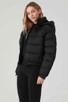 Aspen Love Puffer Jacket - Black | Alo Yoga Alo Yoga Winter Outdoor Outerwear, Alo Yoga Nylon Outerwear For Fall, Alo Yoga Long Sleeve Winter Puffer Jacket, Alo Yoga Fall Puffer Outerwear, Alo Yoga Long Sleeve Puffer Jacket For Fall, Alo Yoga Winter Puffer Jacket, Alo Yoga Winter Puffer Jacket With Long Sleeves, Alo Yoga Hooded Outerwear For Winter, Sporty Fall Puffer Jacket With Adjustable Hood