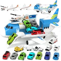 a toy airplane with cars and planes around it