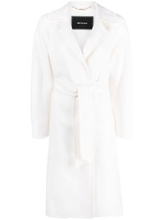 white cashmere notched lapels belted waist long sleeves straight hem below-knee length