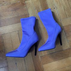 Size 6.5, Never Worn! Stretchy Fabric, 4 In Heels. From Base Of Ankle To Top Of Shoe Is 5 Inches. Color Is A Bit Less Blue And More Warm Purple. Purple Fitted Heels With 4-inch Heel, Spring High Ankle Heels With 4-inch Heel, Trendy Ankle-high Fitted Heels, Purple Pointed Toe Heels With Reinforced Heel, High Ankle 4-inch Heels For Spring, Trendy Purple Ankle-high Heels, Purple Heels With Reinforced Heel And Pointed Toe, Trendy Ankle-high Purple Heels, Fitted Purple Heels With 4-inch Heel