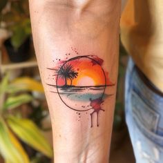 Vivid Sunset Tattoo Vector Art Sunset Tattoo With Color, Chest Tattoo Designs Female, Tattoo Sunset, Tattoo Sizes, Mother Son Tattoos, Sky Tattoos, Hawaii Tattoos