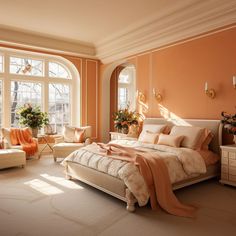 a bedroom with an orange wall and white bed in the center, two chairs on either side