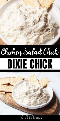 chicken salad is served with crackers on the side