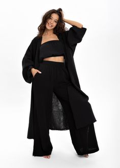 Elevate your style with our Natural Color Pant Set. This Triple Set includes a Kimono, Wide-Leg Trousers, and Croptop, creating a versatile ensemble that's perfect for any occasion. Made from lightweight muslin, these wide-leg trousers provide comfort and style, while the airy Crop Top and Kimono add a touch of boho chic to your wardrobe.  Whether you're heading to the beach or a casual party, this set is your go-to choice for a stylish and relaxed summer outfit. Experience the perfect blend of comfort and fashion with our Lightweight Cotton Boho Pants Set. Upgrade your wardrobe with this stylish Pants Set. DETAILS - Breathable texture. - Minimal Design - Handmade - One size Kimono (please see measurements below) - 3 Sizes pants and crop top ( XS-S, M-L, XL+) - High waist, double split Sli Kimono Set, Soul Sisters Gifts, Cotton Pants Women, Minimal Wardrobe, Summer Suit, Soul Sister, Stylish Pants, Boho Pants, Summer Suits