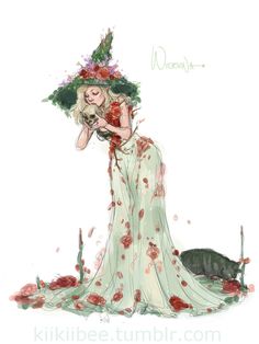 a drawing of a woman in a long dress with flowers on her head, holding a cat