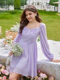 Teen Girl Ruched Bust Lantern Sleeve Dress Mauve Purple Casual  Long Sleeve Woven Fabric Plain A Line Non-Stretch  Teen Girls Clothing, size features are:Bust: ,Length: ,Sleeve Length: Lilac Dress Casual, Simple Purple Dress, Teen Girls Dress, Vestido Color Lila, Purple Dress Casual, Dresses For Teens Wedding, Cotillion Dresses, Bat Mitzvah Dresses