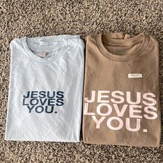 Bundle Of Two Jesus Loves You Company T-Shirts! Both Are Size Medium! Brown Is Brand New And The Blue Was Just Tried On But Never Worn. Retail At $38 Each And The Mocha/Blush Is Sold Out! Jesus Loves You Shirt, Christian Tshirt Designs, Jesus Merch, Christian Outfits, Jesus Clothing, Etsy Shirts, Camp Shirt Designs, Jesus Graphic, Christian Clothing Brand