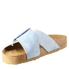 Women's sandals with double woven buckle

Light blue suede

Cork and rubber sole

Padded insole

Made in Italy

Composition:
 Upper: 100% Suede
 Lining: 100% Leather
 Bottom: Cork and rubber
 Insole: 100% Leather Spring Suede Footbed Sandals With Buckle Closure, Blue Flat Sandals With Buckle Closure, Beach Suede Double Strap Footbed Sandals, Flat Suede Footbed Sandals With Cork-bed Midsoles, Suede Sandals With Tang Buckle And Round Toe, Suede Open Toe Footbed Sandals With Buckle Closure, Blue Flat Slides With Buckle Closure, Spring Suede Slides With Buckle Closure, Suede Footbed Sandals With Tang Buckle And Round Toe