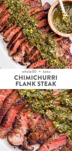 grilled steak with chimichurri flak steak sauce on the side and green pest on top