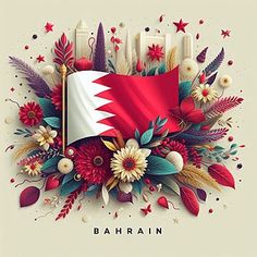 an image of the flag of qatar surrounded by flowers and leaves on a white background