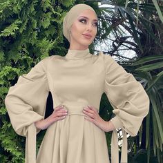 Muslim Women Plain Satin Abaya Dress With Hijab Scarf – urgarment Long Sleeve Modest Abaya With Modesty Panel, Modest Long Sleeve Abaya With Modesty Panel, Modest Beige Dress For Eid, Solid Long Sleeve Maxi Dress For Eid, Fitted Solid Maxi Length Abaya, Solid Long Sleeve Dresses For Eid, Fitted Maxi Length Modest Abaya, Modest Fitted Maxi-length Abaya, Fitted Modest Maxi-length Abaya