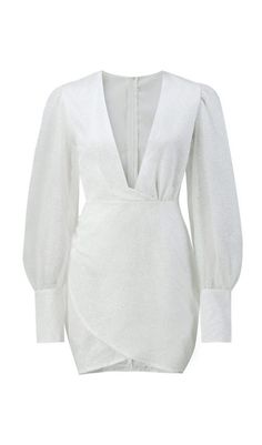 a white dress with long sleeves and a wrap around the waist, on a white background