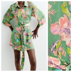 Nwt. Zara Green Floral Print Satin Effect Mini Shirt Dress With Lapel Collar. Below The Elbow Length Wide Sleeve. Matching Belt. Front Hidden Button Closure. Size M. Ref. 8269/269. Pit To Pit 21" Flat, Shoulders 21", Sleeves 14,5", Waist 20,5", Length 34". C Feminine Summer Shirt Dress For Day Out, Feminine Shirt Dress For Summer Day Out, Short Sleeve Printed Shirt Dress For Spring, Floral Print Mini Shirt Dress For Daywear, Pink Mini Dress With Tie Waist For Beach, Summer Tie Waist Mini Shirt Dress, Spring Multicolor Mini Dress With Tie Waist, Multicolor Mini Dress With Tie Waist For Spring, Summer Mini Shirt Dress With Tie Waist