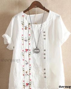 Bormay - Elegant Linen Casual Shirt featuring Exquisite Vintage Embroidery Short Sleeve Blouses, Linen Casual, Women's Blouses, Vintage Embroidery, Fabric Names, Casual Shirt, Short Sleeve Blouse, Types Of Collars, Round Neckline