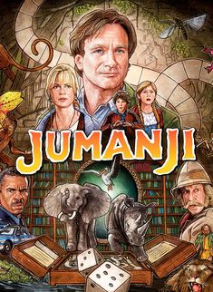 the poster for juman is shown in front of an image of people and animals