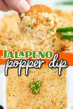 someone is dipping jalapeno popper dip into a casserole dish