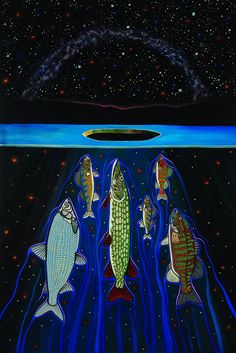 three fish swimming in the water under a star filled sky