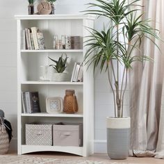 a white bookcase with plants and baskets on it