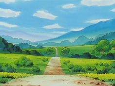 an animated scene of a dirt road in the middle of a green field with mountains behind it