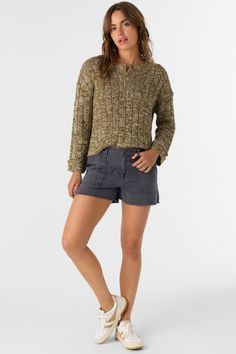 Essential henley knit sweater that has a skimmer length fit, quarter button design and drop shoulder detail. O'Neill Women's henley knit sweater Skimmer length Quarter button front Drop shoulder detail 100% Acrylic Yarns | O'Neill Women's Oceanfront Henley Long Sleeve Sweater in Military Olive, Size XS, Acrylic Womens Henley, Henley Long Sleeve, Women's Henley, Spring Suit, Denim Sweater, Triangle Bralette, Top Graphic Tees, Suit Accessories, Button Design