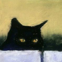 a painting of a black cat looking over a white fence with yellow eyes and nose