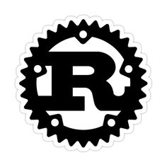 a black and white sticker with the letter r in it's center surrounded by gears