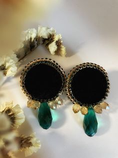 Black and emerald velvet earrings, Rhinestone statement  earrings are perfect compliment your evening outfit. It looks stylish, bright and fashionable.  They hand embroidered with crystal chains, velvet and beads. If you wish, i can produce for you this model of earrings in any size or color range. Thank you for visiting my shop. Hope you will find something interesting and beautiful for yourself in my shop. If you have any questions don't be hesitate to ask me. --- Please note that due to light Elegant Jeweled Beaded Earrings For Party, Elegant Handmade Crystal Earrings For Party, Emerald Round Earrings For Party, Elegant Handmade Crystal Party Earrings, Round Emerald Earrings For Party, Emerald Jeweled Jewelry For Parties, Elegant Party Earrings With Emerald, Embellished Drop Earrings For Party, Party Embellished Drop Earrings