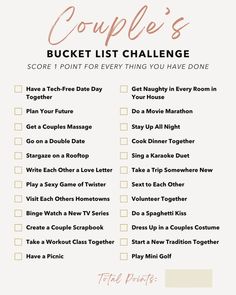 Couple's Bucket List Challenge! You get 1 point for every thing you’ve done! How many points do you have?!   Click link for more ideas of fun relationship things to do. Relationship To Do List, Cute Bucket List Ideas, Couple Goal List, Couples To Do List, Couples Ideas Activities Things To Do, Couple To Do List Ideas, Couple Activities Things To Do, Relationship Ideas Things To Do, Cute Couple Bucket List