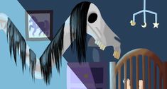 an animated image of a ghost in a room with a baby crib and rocking chair