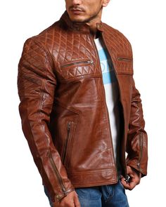 Diamond Quilted Brown Biker Genuine Leather Jacket Introducing a diamond-quilted brown biker jacket for all our men seeking fashionable and timeless pieces that will stay with them for years to come. Featuring a sleek design, this jacket showcases a tailored silhouette for a polished fit, paired with a diamond-quilted chest and shoulders for flair and structure. Constructed from premium-quality genuine leather, this brown jacket is made to last and will be your number one companion in all your a Fitted Leather Jacket For Urban Adventures, Brown Quilted Leather Jacket For Winter, Rugged Leather Jacket For Winter Streetwear, Casual Fitted Quilted Leather Jacket, Fitted Quilted Leather Jacket In Casual Style, Quilted Long Sleeve Biker Jacket For Fall, Quilted Biker Jacket With Long Sleeves For Fall, Urban Style Biker Jacket For Fall, Casual Fitted Quilted Biker Jacket