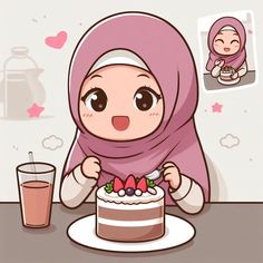 a woman wearing a hijab and holding a cake with strawberries on it