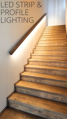 a set of stairs with the words led strip and profile lighting