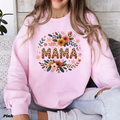 Animal Print Shirt For Mom, Floral Mama Shirt, Leopard Mama Shirt, Mother's Day Gift, Gift for Mom, Mothers Day Gift, Mothers Day Shirt, Mama Sweatshirt, Custom Mama Shirt, Mom Shirt, T-Shirt Comfort Colors: ☆ 100% ring-spun cotton ☆ Fabric weight: 6.1 oz/yd² (206.8 g/m²) ☆ Garment-dyed ☆ Relaxed fit ☆7/8″ double-needle topstitched collar ☆ Twill-taped neck and shoulders for extra durability ☆ Double-needle armhole, sleeve, and bottom hems T-Shirt Bella Canvas: ☆100% Airlume combed and ringspun Pink Crew Neck Top With Plant Print, Pink Cotton Tops With Plant Print, Pink Long Sleeve Shirt With Letter Print, Floral Print Flower-shaped Tops For Mother's Day, Pink Letter Print Shirt For Fall, Mother's Day Floral Print Cotton Shirt, Mother's Day Pink Printed Tops, Mother's Day Floral Cotton Top, Mother's Day Floral Print Tops