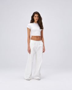 Cotton Pull on Pants - White Fitted Cotton Bottoms With Straight Hem, Wide Leg Cotton Pants With Ribbed Waistband, Cotton Bottoms With Pockets For Daywear, Spring Bottoms With Comfort Waistband, Relaxed Fit Cotton Bottoms With Straight Hem, Cotton Stretch Sweatpants Straight Leg, Stretch Cotton Straight Leg Sweatpants, Stretch Cotton Sweatpants With Straight Leg, Stretch Cotton Pants With Straight Hem