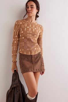 We The Free Pretty Little Thermal Fitted Brown Top With Ribbed Cuffs, Brown Fitted Top With Ribbed Cuffs, Fitted Brown Tops With Ribbed Cuffs, Brown Fitted Jacquard Knit Top, Fitted Brown Jacquard Knit Top, Fitted Beige Jacquard Knit Top, Fitted Jacquard Knit Long Sleeve Top, Trendy Jacquard Knit Tops For Fall, Boho Clothing